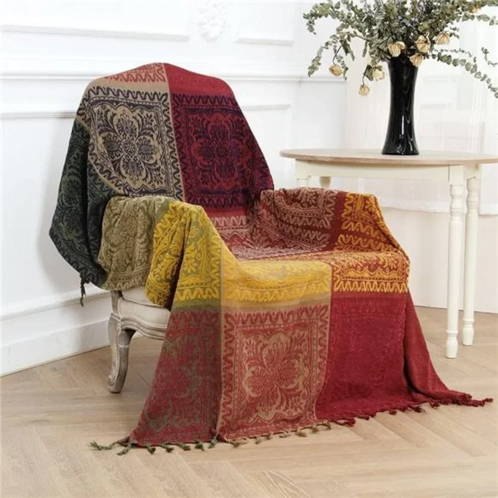 Boho Throw Blanket, Colorful Chenille Jacquard Bohemian Chair Recliner Cover
